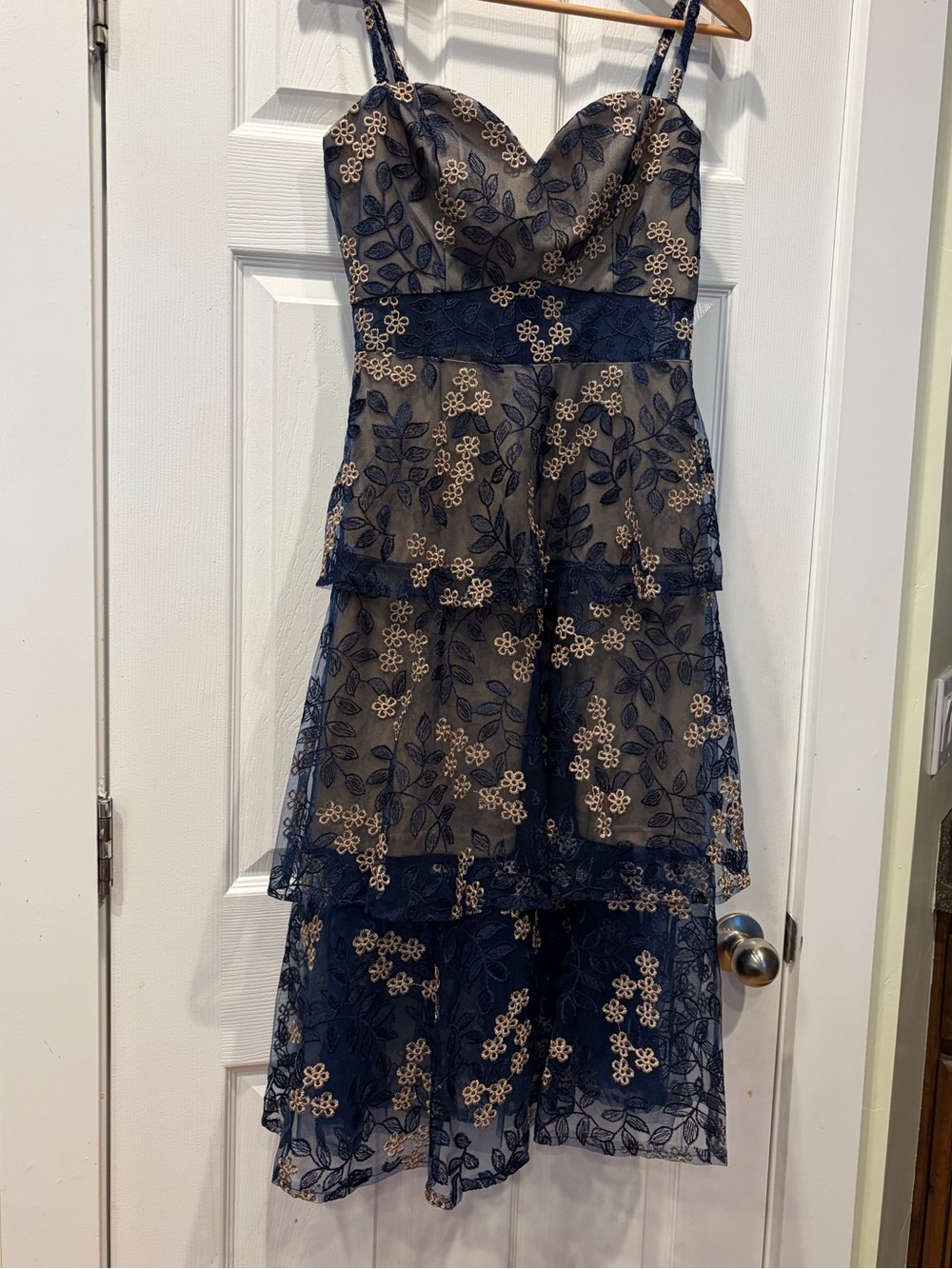 Baltic Born Georgiana Embroidered Navy and Nude Floral Lace Tiered Midi Dress